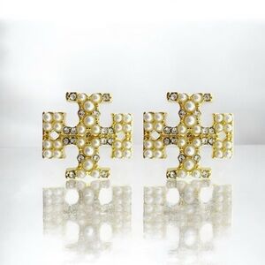TORY BURCH KIRA Crystal Pearl Logo Stud Earrings In Gold